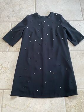 Black Crepe Shift Dress with Pearl Embellishments Size 14